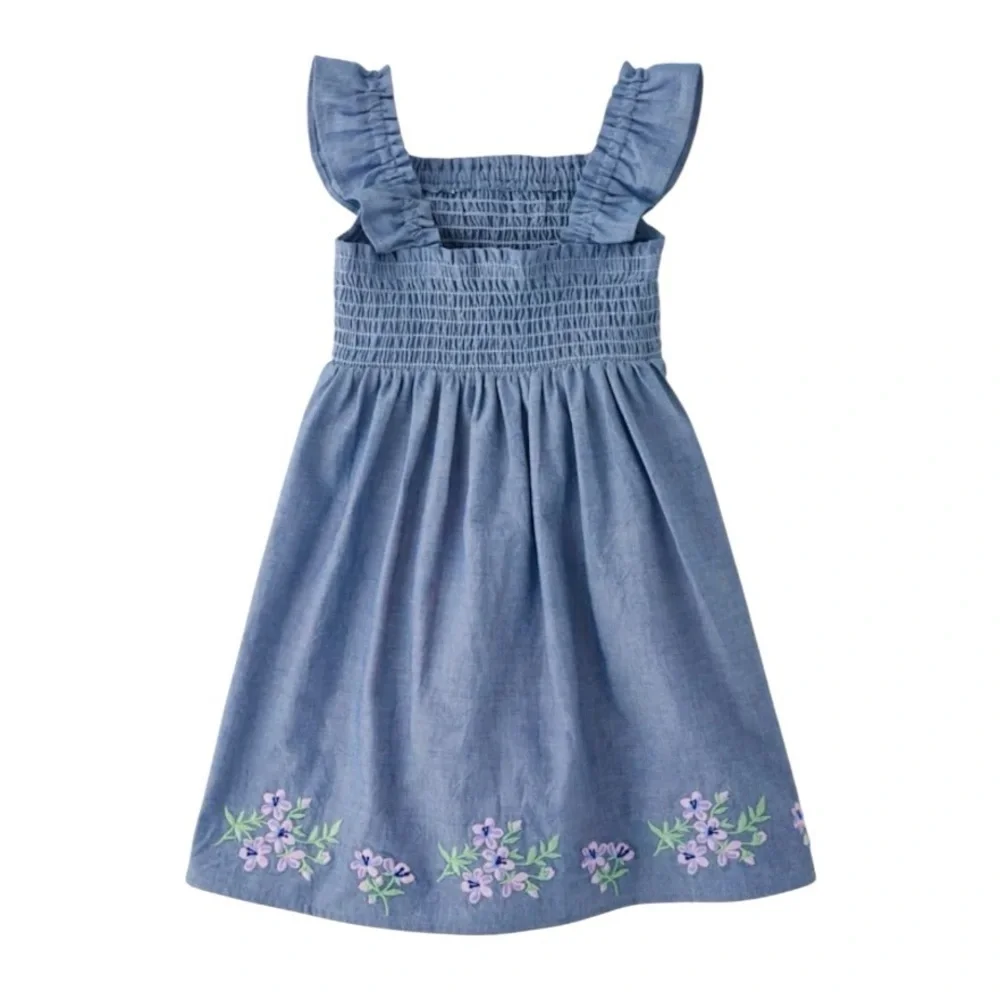 Gymboree Blue Embroidered Floral Smocked Chambray Flutter Dress 5T NWT